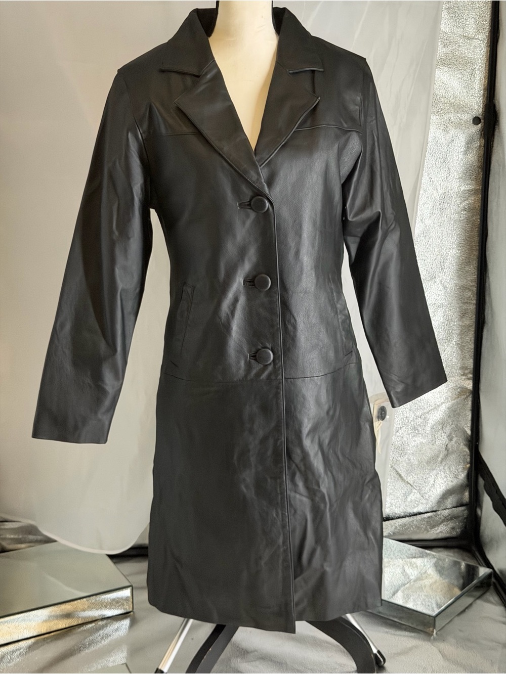 Classic Black Heavy Leather Faux Fur Lined Coat Women Long Button Jacket $399